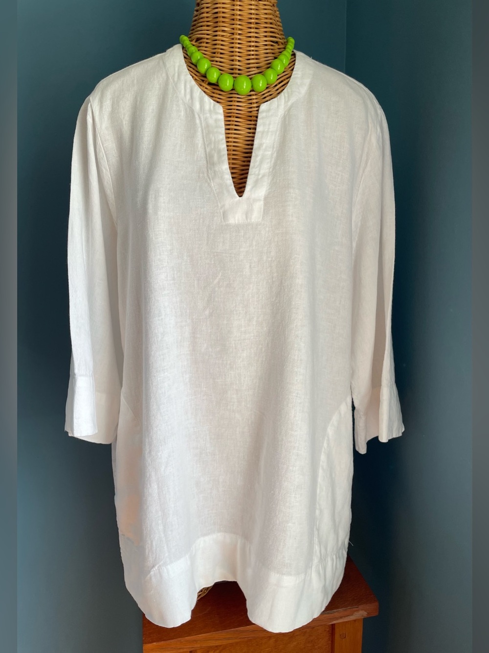 Lands End Linen Blend White Split Neck Tunic Elbow Length Sleeve Pockets XL EUC